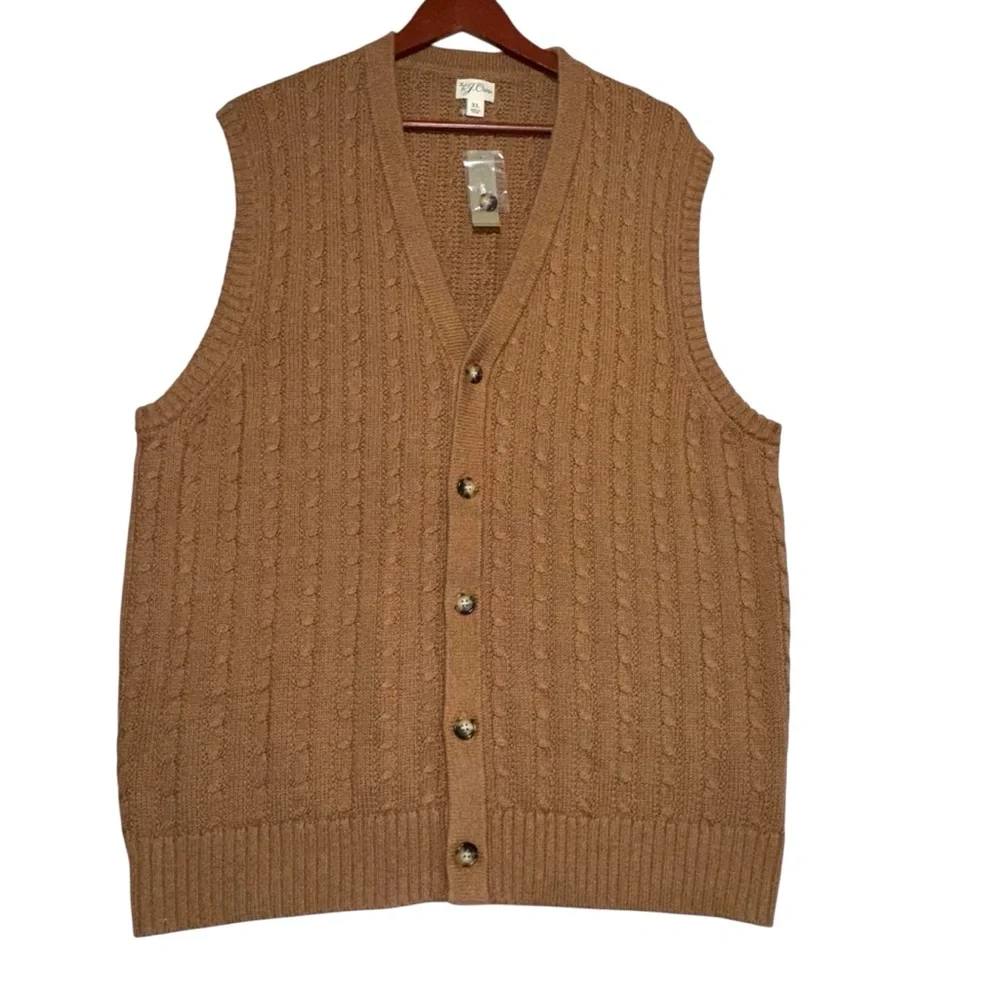 J.Crew Heritage Cotton Cable-Knit Cardigan Sweater Vest - Brown Camel Men's XL
